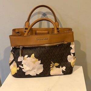 Michael Kors Brown Floral Satchel with Tan Trim